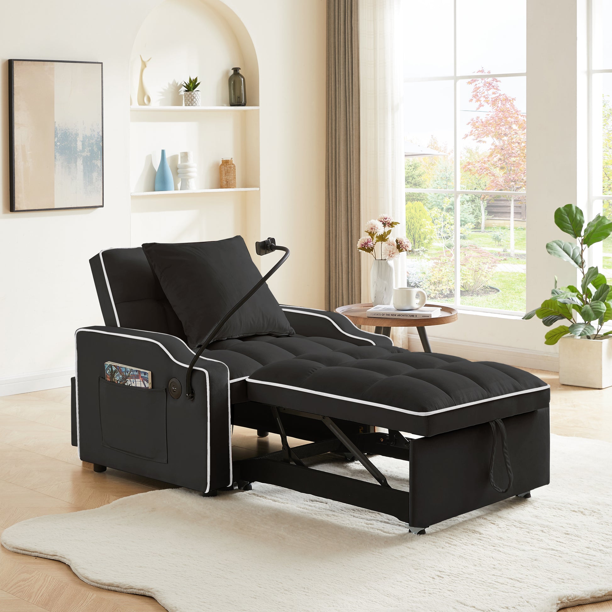Sleeper Sofa Chair Bed, 3 In 1 Convertible Sofa Chair With With Adjustable Backrest & Phone Holder & USB, Type-C, Adjustable Recliner, Armchair For Living Room Bedroom Apartment Small Space, Black image 1