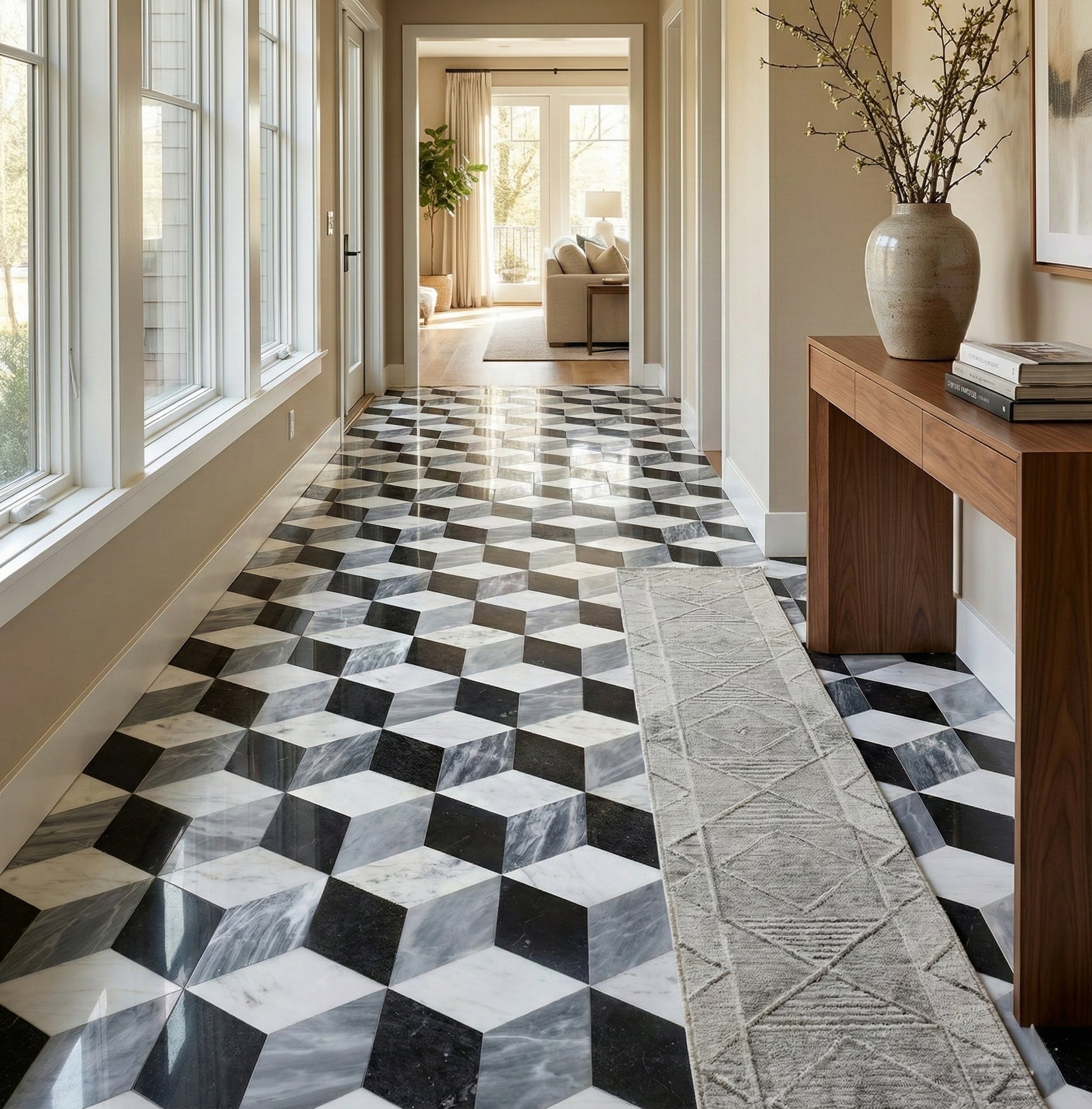 Hexagon Waterjet marble,White Gray Black 3 color, natural marble, for floor and wall, polished marble tile, natural stone, genuine marble, real marble, 1 box 12 pcs image 11