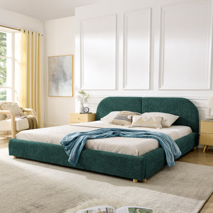 King Size Upholstered Bed Frame, Modern Minimalist Style with Tall Curved Headboard, Premium Circle Yarn Fabric & Sturdy Leg Support, Mattress Not Included-Green image 1