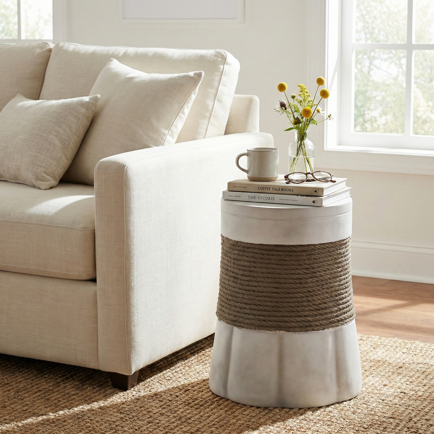 Outdoor Light Gray & Brown Retro Woven Rope & Fan-Base MGO Side Table – End Table for Home, Office, Living Room & Outdoor image 4