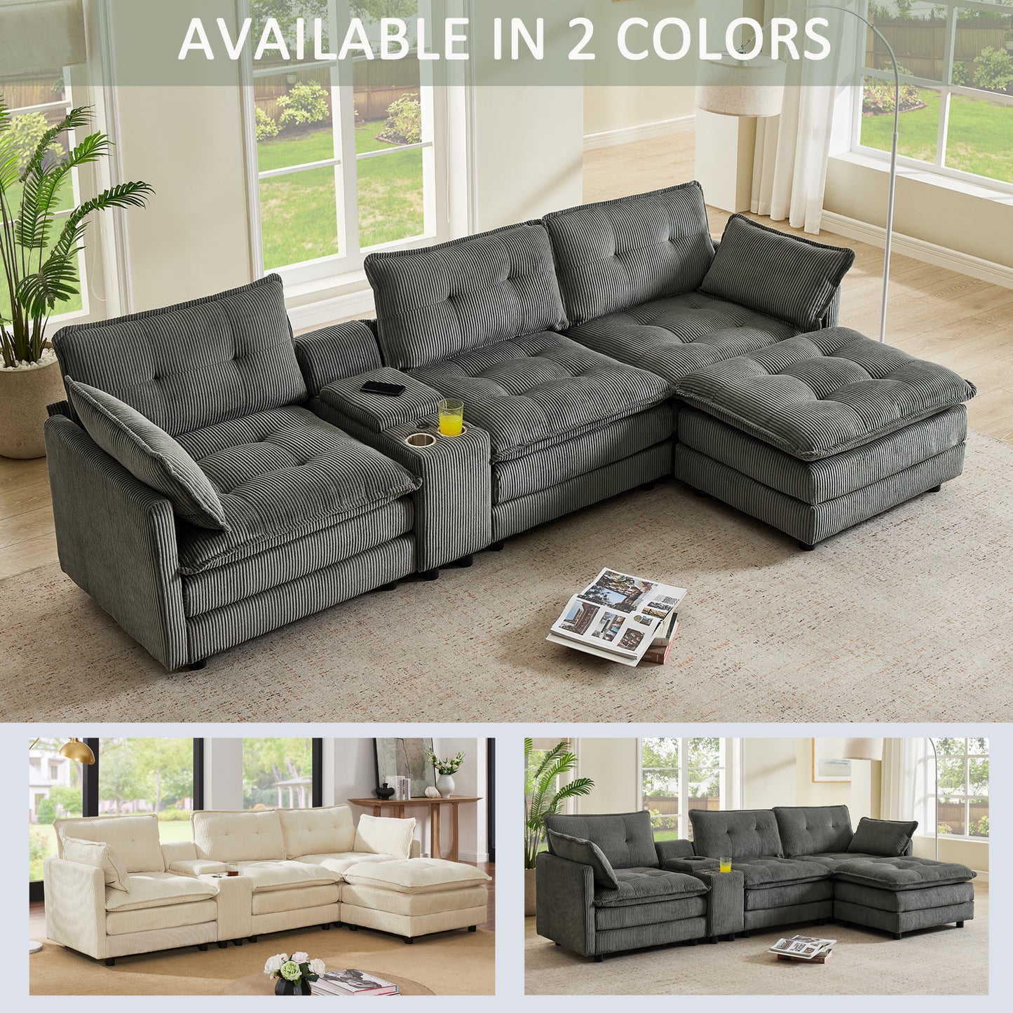 119" L-Shaped Oversized Corduroy Modular Sectional Sofa with 1 Ottoman and Multi Functional Console, 4-Seater Upholstered Couch with USB and 2 Cup Holder, Easy Assembly, for Living Room, Grey image 7