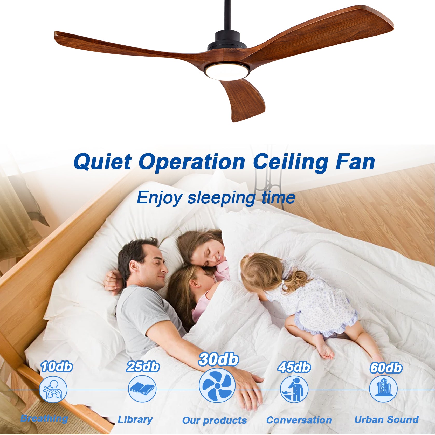 52" indoor Ceiling Fan with Light,3 Walnut Solid Wood Blade, Remote Control,3 CCT Dimmable LED, Timer, 6-Speed Reversible Motor Use for Living Room or Patio image 9