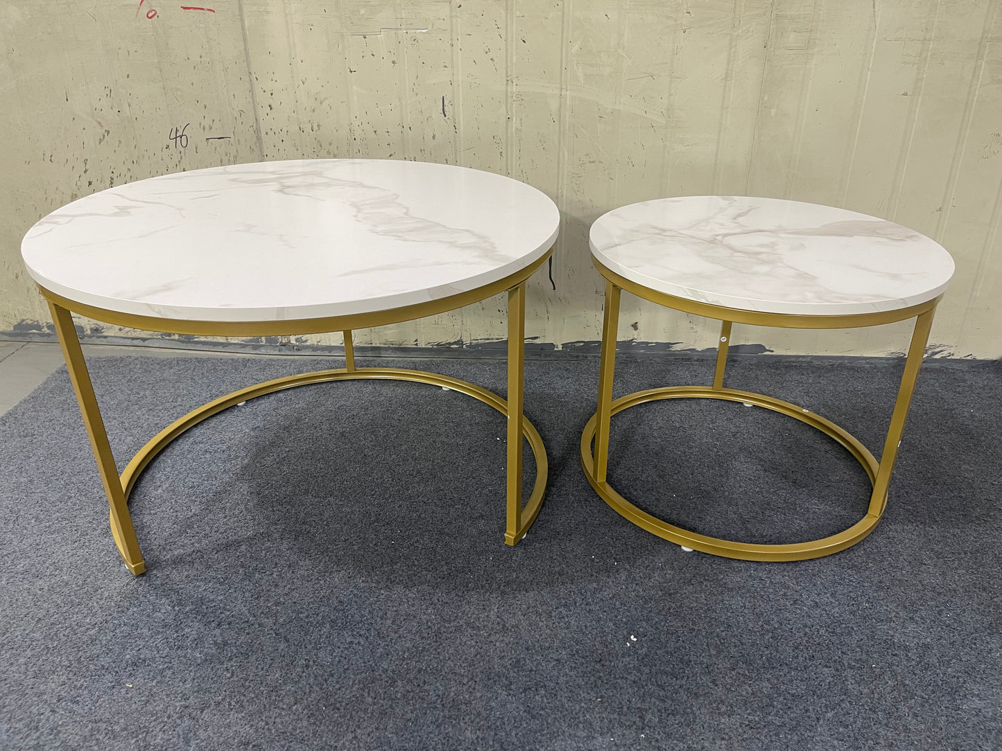 27.6in Nesting Coffee Table Set of 2, Round Coffee Table Wood Marble Pattern Top with Sturdy Metal Frame, End Table Side Tables for Living Room Bedroom Balcony Yard (White) image 10