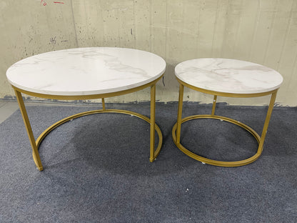 27.6in Nesting Coffee Table Set of 2, Round Coffee Table Wood Marble Pattern Top with Sturdy Metal Frame, End Table Side Tables for Living Room Bedroom Balcony Yard (White) image 10