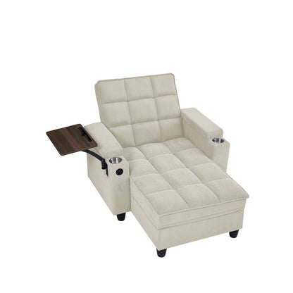 Beige Chaise Lounge Sofa,Sleeper Chair Bed with 6-Position Adjustable Backrest,USB Ports, Cup Holder and Swivel Side Table image 9