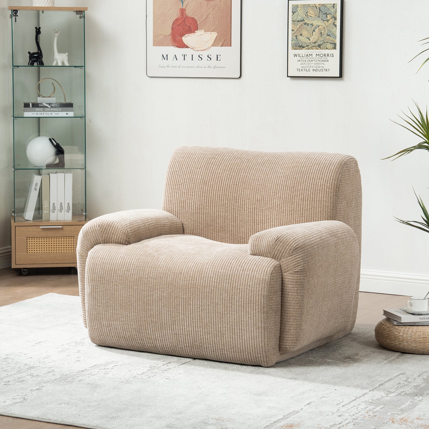 42" Wide Modern Upholstered Chenille Vertical Stripes Accent Chair, Boneless Single Sofa Chair, Armchair Comfy Reading Lounge Chair with Deep Seats for Living Room Bedroom Apartment, Dorms, Taupe image 1