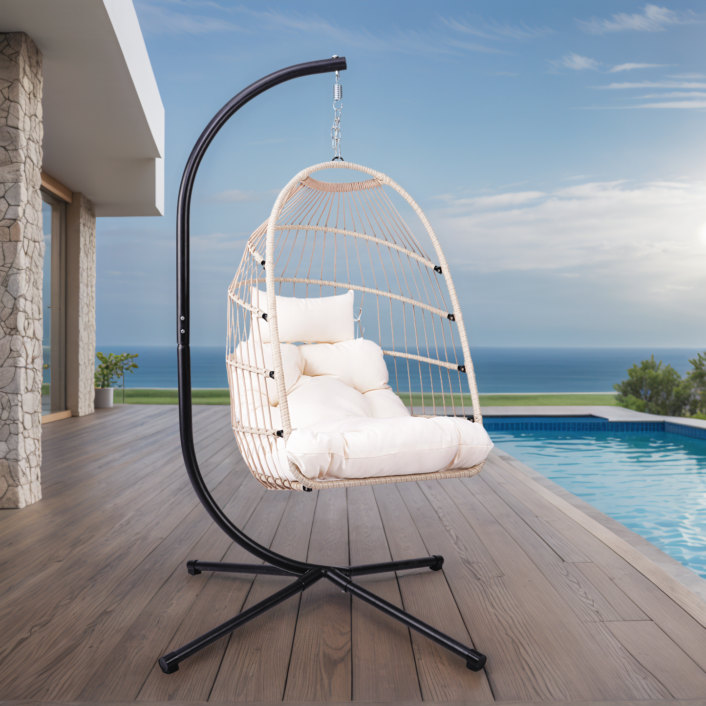Foldable Hanging Egg Chair with Stand and Pillow, HDPE Rattan and Heavy Duty Aluminum-Steel Frame, Outdoor Patio Wicker Swing Egg Chair with Headrest and Cushioned, 350 Lbs Capacity (White) image 8