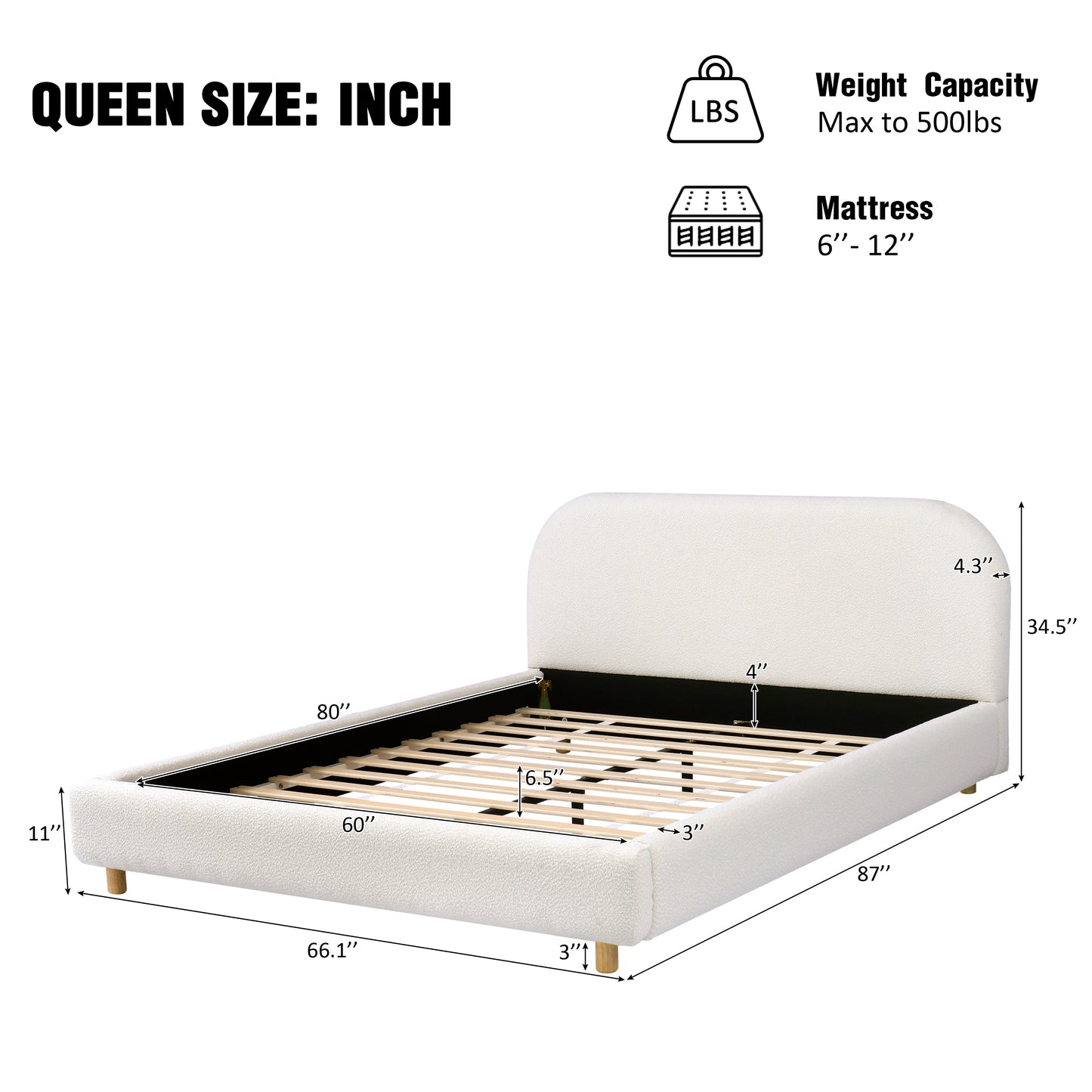 Queen Size Upholstered Bed With Boucle Fabric,Curved-Shape Design Thick Headboard, Solid Wood Legs,White image 4