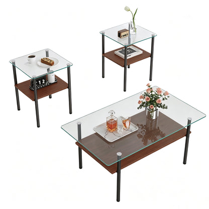 Coffee Table and End tables Set of 3,Modern glass coffee table for living room, rectangular tempered glass top, black metal legs with wooden shelf. Easy to clean, stylish center table image 9