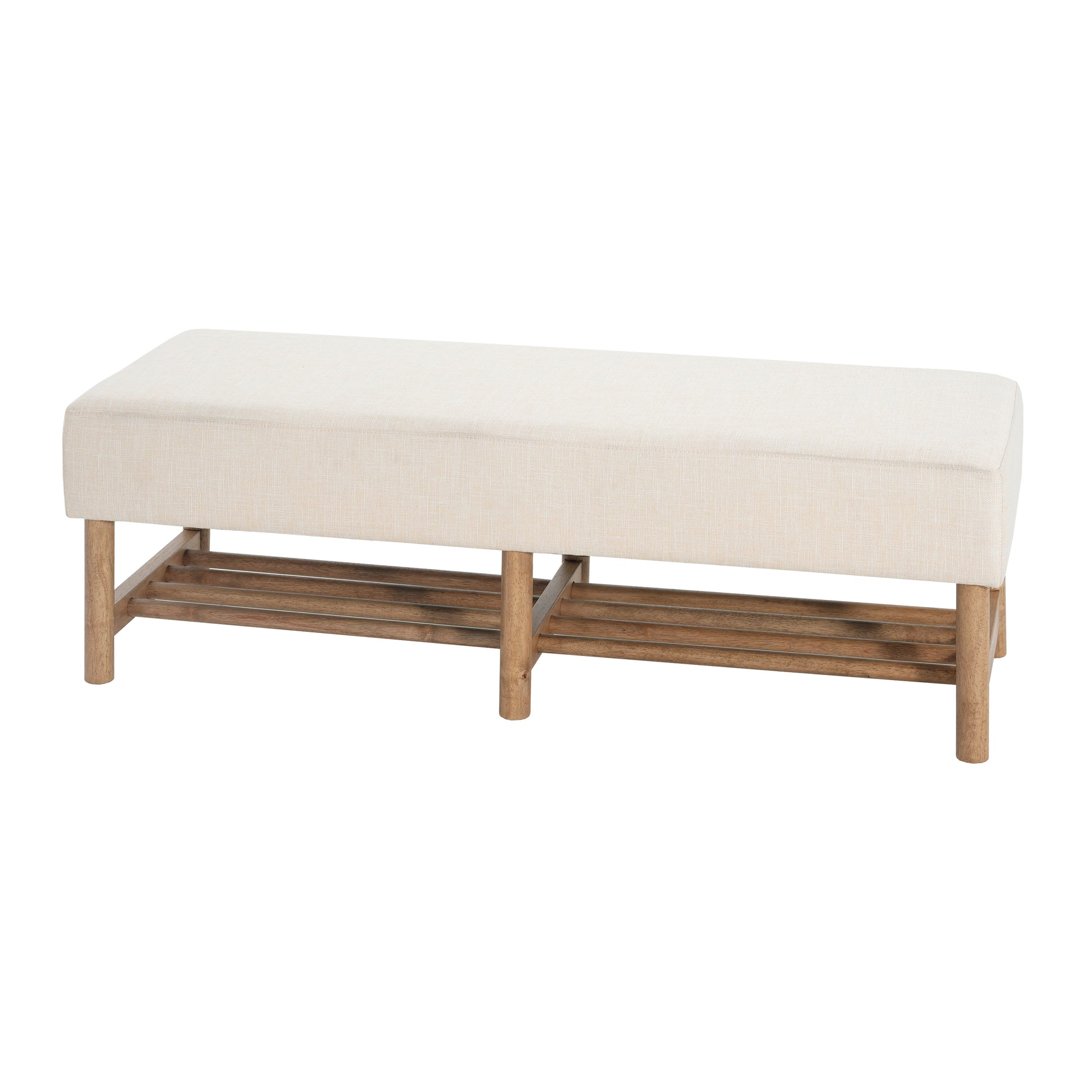 Rectangular Upholstered Linen Fabric Ottoman Bench, Solid Wood Legs, Beige (old sku N757P296699I) image 10