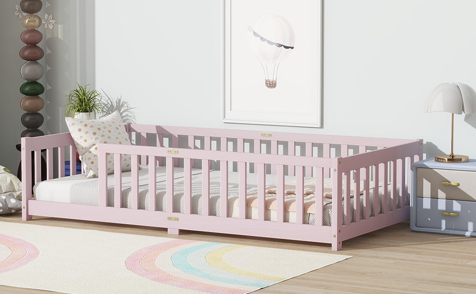 Twin Size Floor Bed with Fence without Door, Rubber Wood Floor Bed with Safety Guardrails,Pink (Old Sku W504P286399) image 6