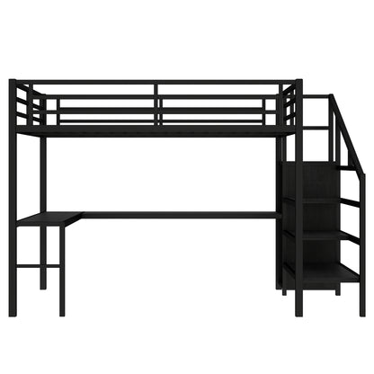 Queen Size Loft Bed with L-shaped Desk and USB, Metal Loft Bed with Wardrobe and Adjustable Shelf, High Loft Bed with LED for Kids Teens Adults, Black image 5