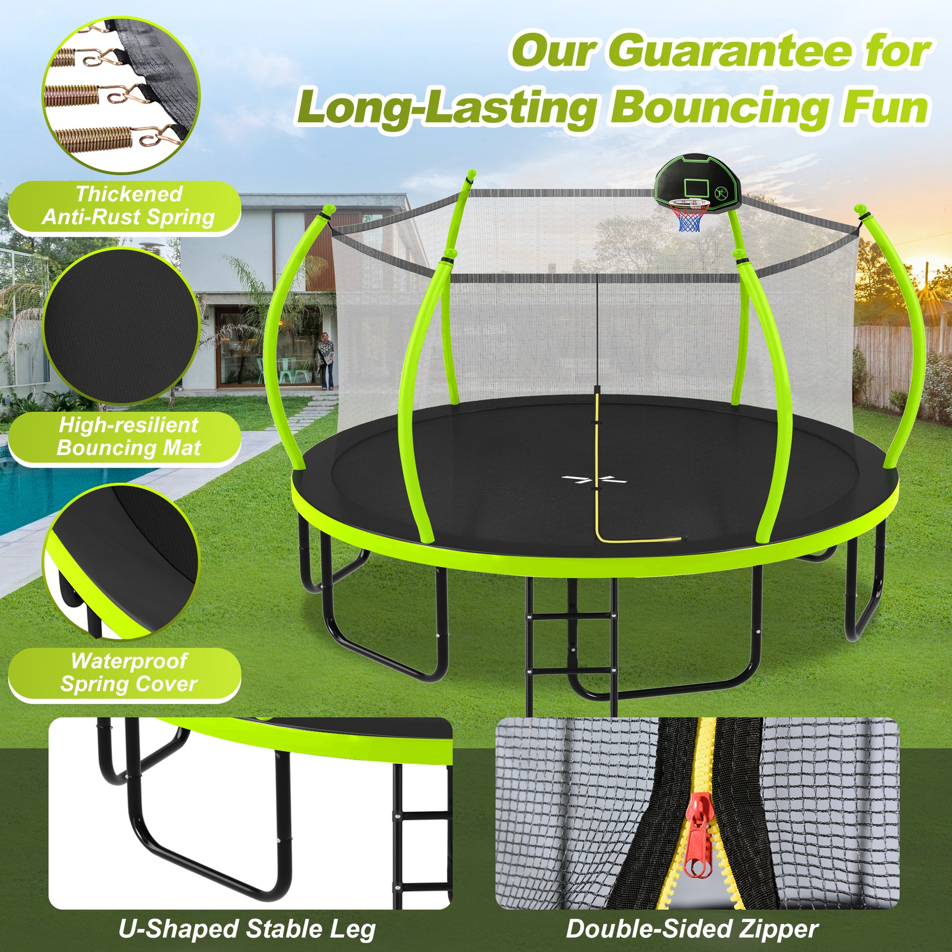 16FT Trampoline with Basketball Hoop for Kids and Adults, Round Outdoor Trampoline with Enclosure Net & Curved Poles & Ladder,Green image 3