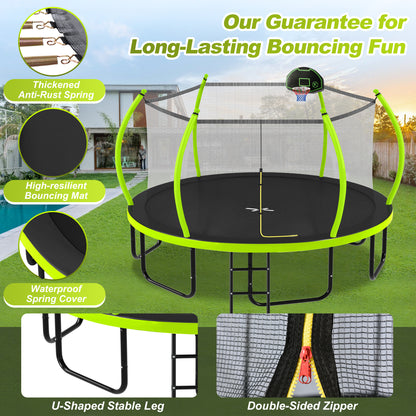 16FT Trampoline with Basketball Hoop for Kids and Adults, Round Outdoor Trampoline with Enclosure Net & Curved Poles & Ladder,Green image 3
