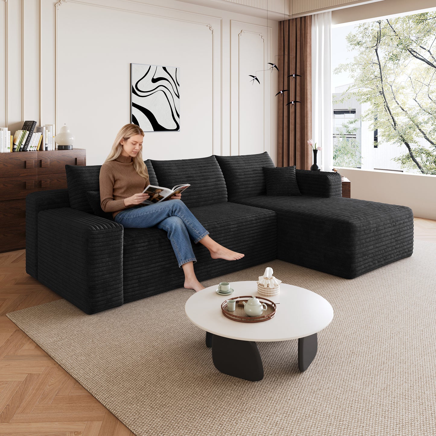 95" Cloud Sectional Sofa,Modern Minimalist Upholstered Couches, Comfort U Shaped Sofa for Living Room,Deep Seat Corner Couch,No Assembly Required,Black (Plush Corduroy Fabric) image 1