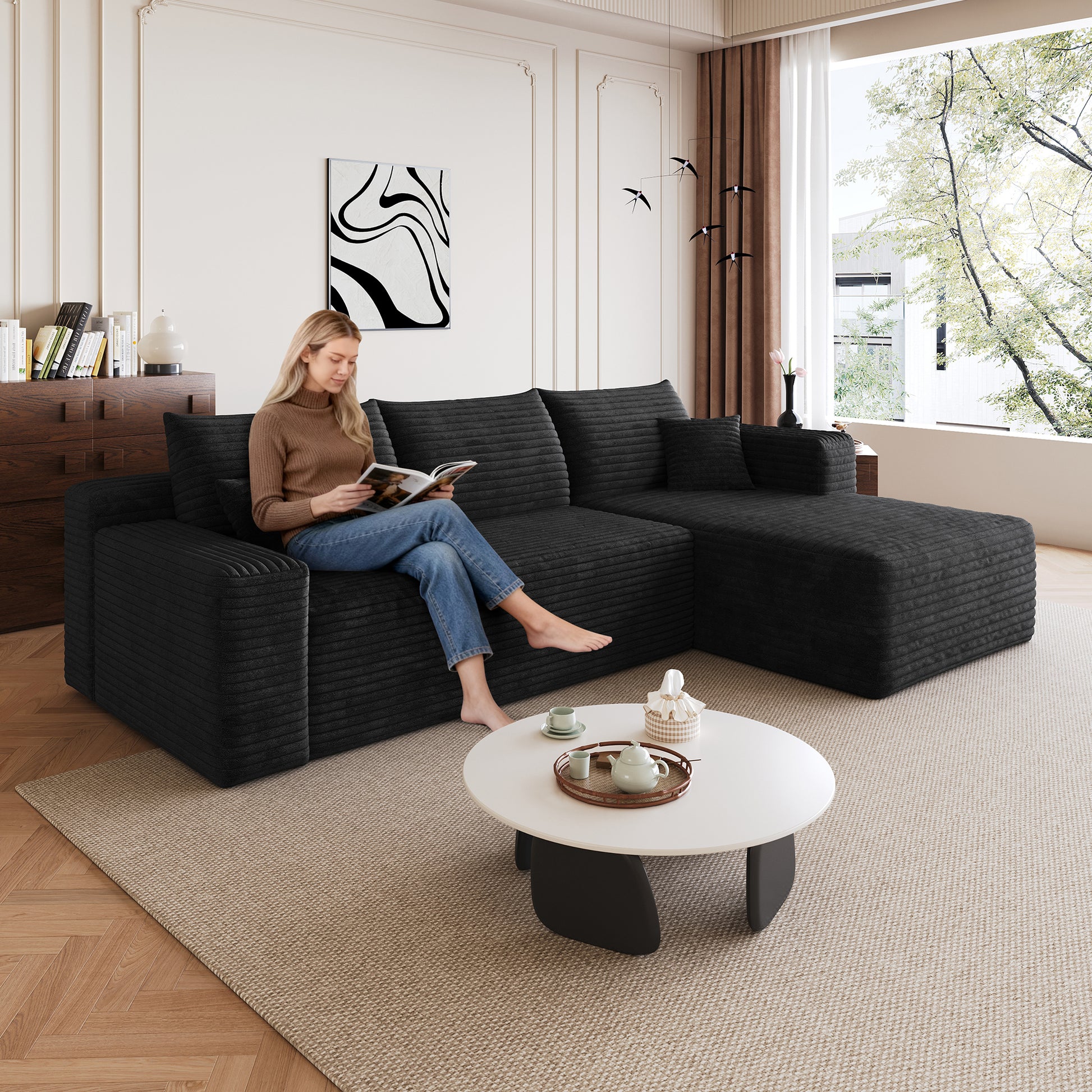 95" Cloud Sectional Sofa,Modern Minimalist Upholstered Couches, Comfort U Shaped Sofa for Living Room,Deep Seat Corner Couch,No Assembly Required,Black (Plush Corduroy Fabric) image 1