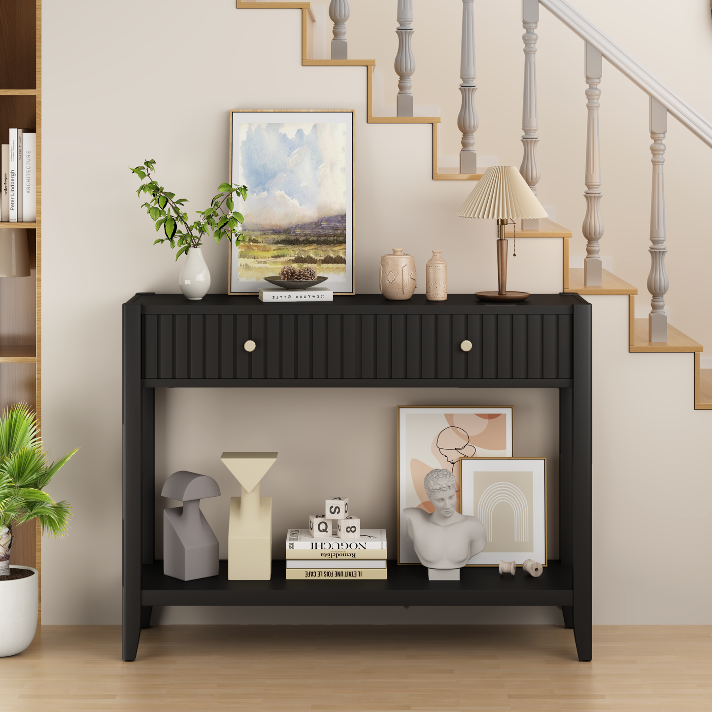 29.53" Tall Console Table with Drawers, Narrow Wood Accent Sofa Table Entryway Table with Storage Shelf for Entryway, Front Hall, Hallway, Living Room, Black image 10