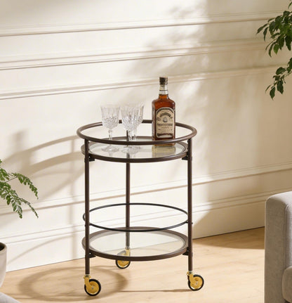 Modern Coffee Brown Round Bar Cart with Tempered Glass Shelves and Gold Locking Casters image 1