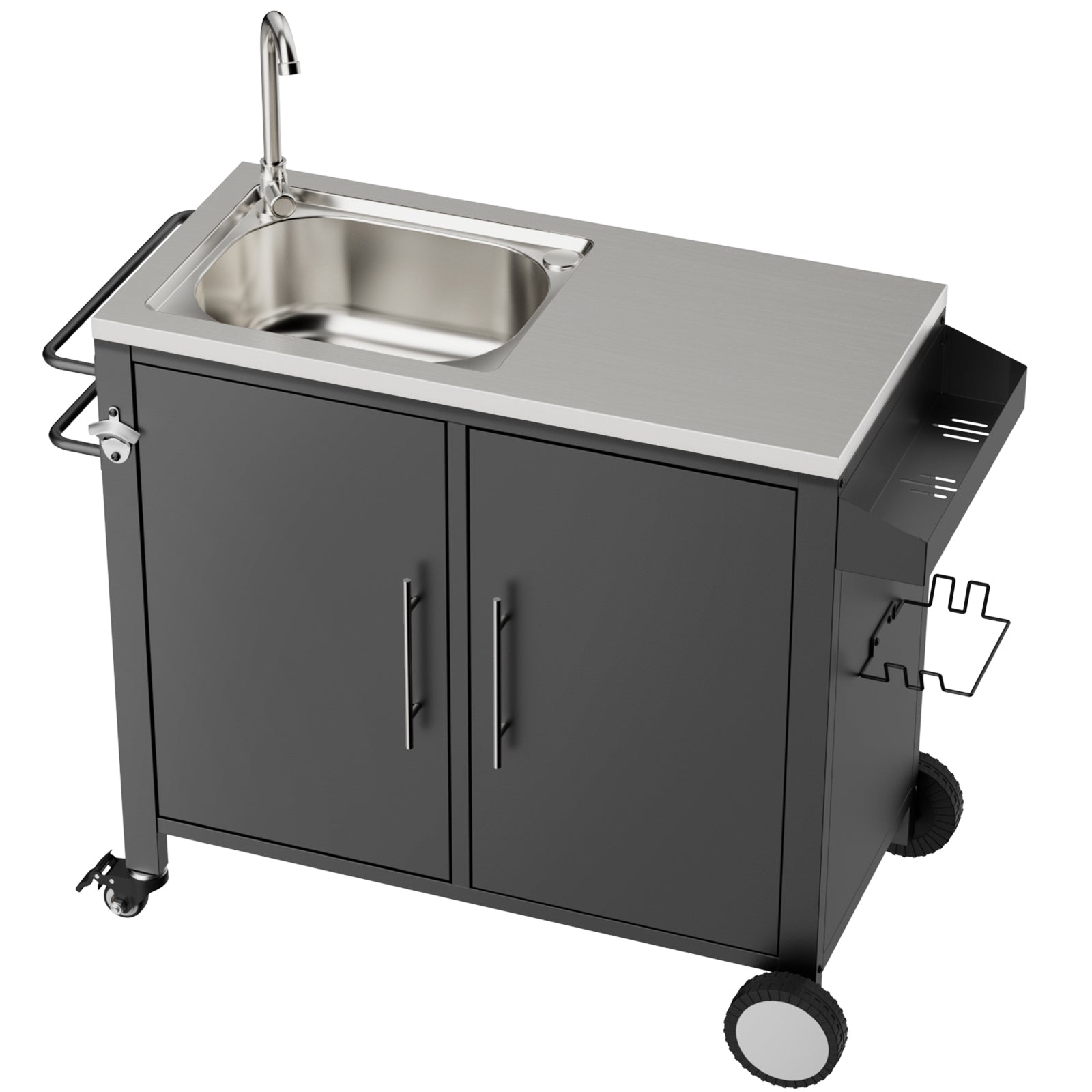 Outdoor Grill Table with Sink, Grill Cart with 304 Stainless Steel Sink and Cabinet, Outdoor Grill Cart,Outdoor Cart Sink Station with Wheels, L38" x W18" x H35" image 6