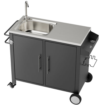 Outdoor Grill Table with Sink, Grill Cart with 304 Stainless Steel Sink and Cabinet, Outdoor Grill Cart,Outdoor Cart Sink Station with Wheels, L38" x W18" x H35" image 6