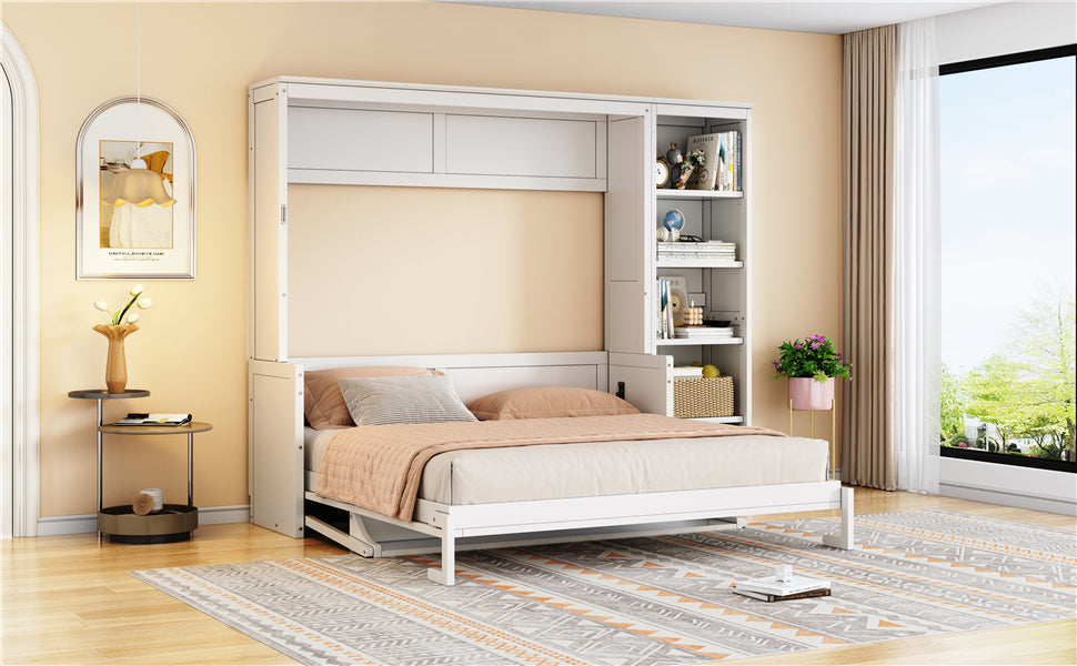 Queen Size Murphy Bed with Desk and Bookshelf, White image 5