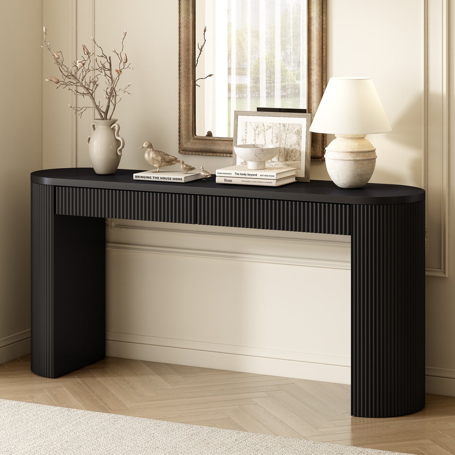 U_STYLE 58.3" Entryway Table with Large Top and Dual Drawers,Console Table with Arched Sturdy Legs Stripe Design,Pine Veneer Sofa Table with Adjustable Feet for Living Room, Hallway,Foyer, Kitchen image 2