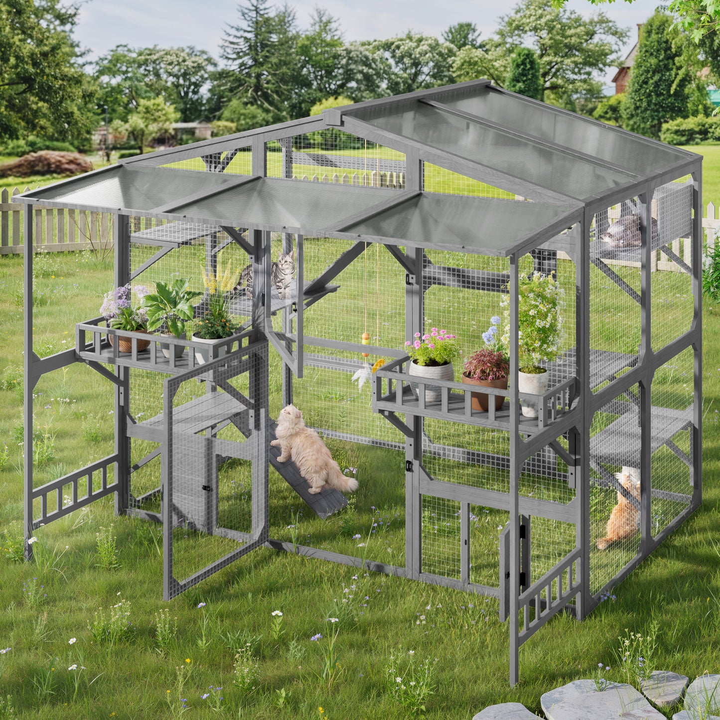 Large Outdoor Catio for 6-10 Cats, Pine Wood Cat Cage Outdoor with Weatherproof Roof, 6 Platforms, Climbing Ramp, 1 Resting Box and Cat Scratching Post, Outdoor Cat House with Storage Shelves, Grey image 2