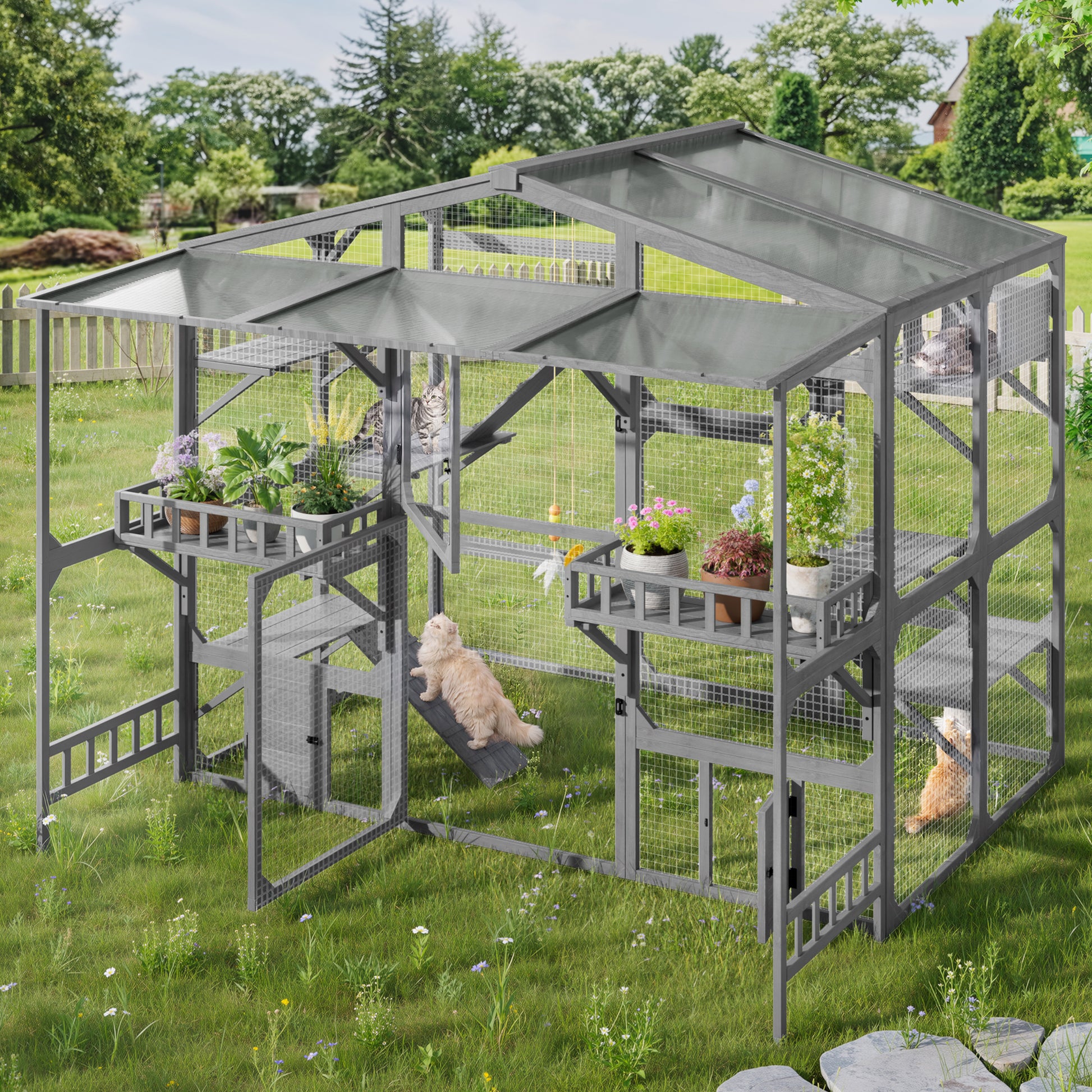 Large Outdoor Catio for 6-10 Cats, Pine Wood Cat Cage Outdoor with Weatherproof Roof, 6 Platforms, Climbing Ramp, 1 Resting Box and Cat Scratching Post, Outdoor Cat House with Storage Shelves, Grey image 2
