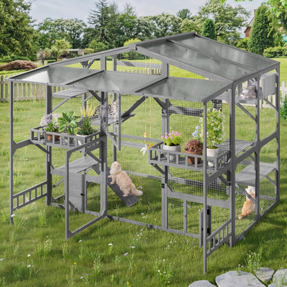 Large Outdoor Catio for 6-10 Cats, Pine Wood Cat Cage Outdoor with Weatherproof Roof, 6 Platforms, Climbing Ramp, 1 Resting Box and Cat Scratching Post, Outdoor Cat House with Storage Shelves, Grey image 2