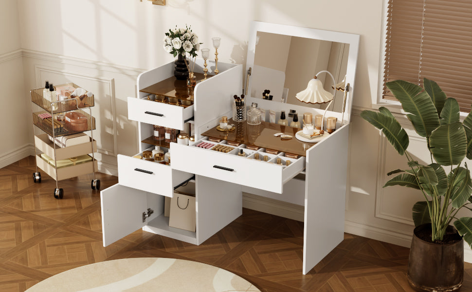 3-in-1 Vanity Desk with Flip Top Mirror, Glass Top Compact Makeup Vanity & Hidden Storage, Vanity Table with 3 Drawers and Cabinet, Space-Saving Dressing Tablefor Bedroom, White image 7