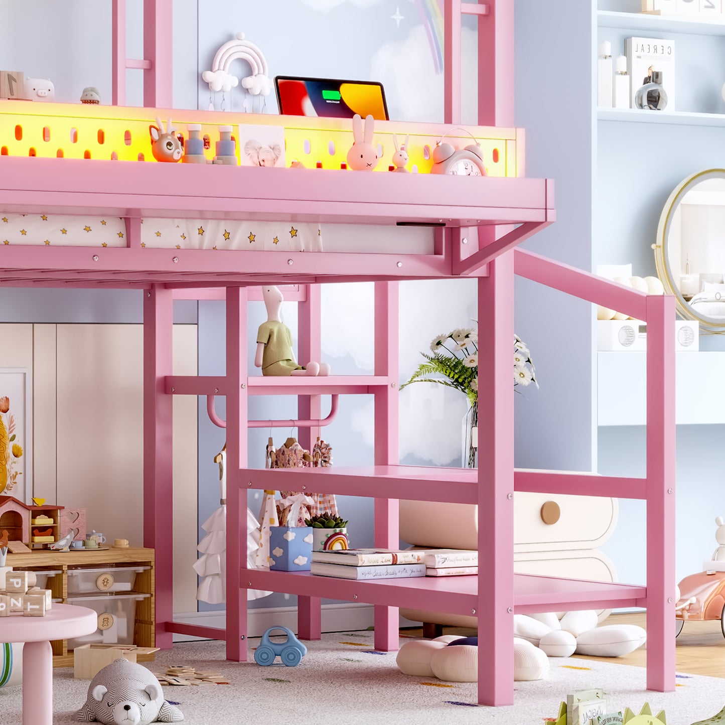 Full Size Loft Bed with Storage Stairs, Shelves and Built-in Wardrobe, Metal Loft Bed Frame with USB Ports and LED Lights, Noise-reduced Design, Pink image 8