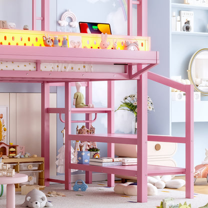 Full Size Loft Bed with Storage Stairs, Shelves and Built-in Wardrobe, Metal Loft Bed Frame with USB Ports and LED Lights, Noise-reduced Design, Pink image 8