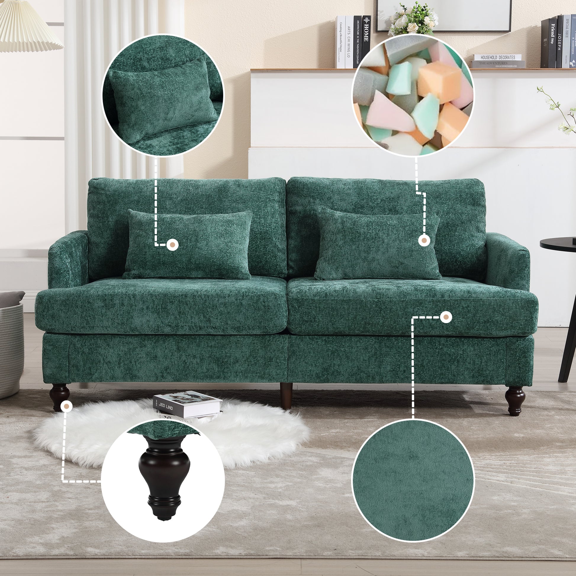 Mid Century Modern chenille Fabric Loveseat sofa, 2-Seat Upholstered Loveseat Sofa Modern Couch for Living Room,Brown wood feet sofa for Bedroom, Reading (Emerald Chenille) image 1