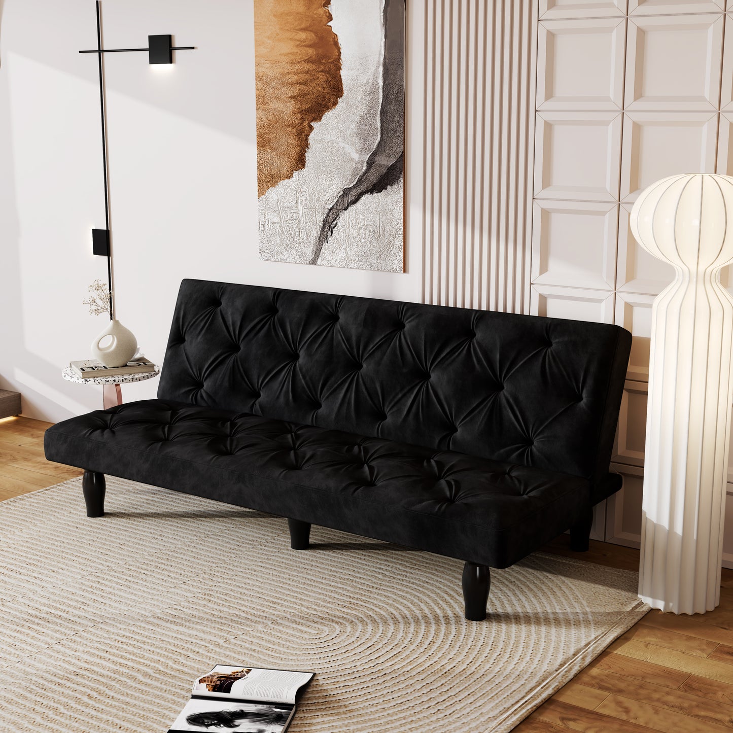 Sofa-to-Bed Evolution: 66" Black Velvet Sofa Bed Transforms Seamlessly, Ideal for Family Living Rooms, Apartments, and Bedrooms image 1