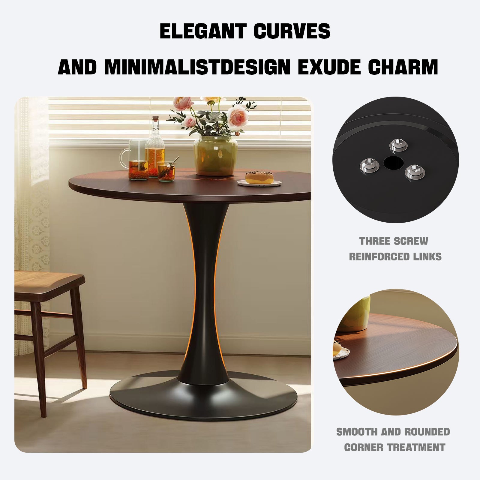 (Walnut Color) Round Table, ∅31.5'' Modern Dining Table, Dining Table,MDF Top and Steel Base Tulip Round Kitchen Table,Kitchen Table, Mid Century Coffee Table for Living Room, Oval Dining Table image 4