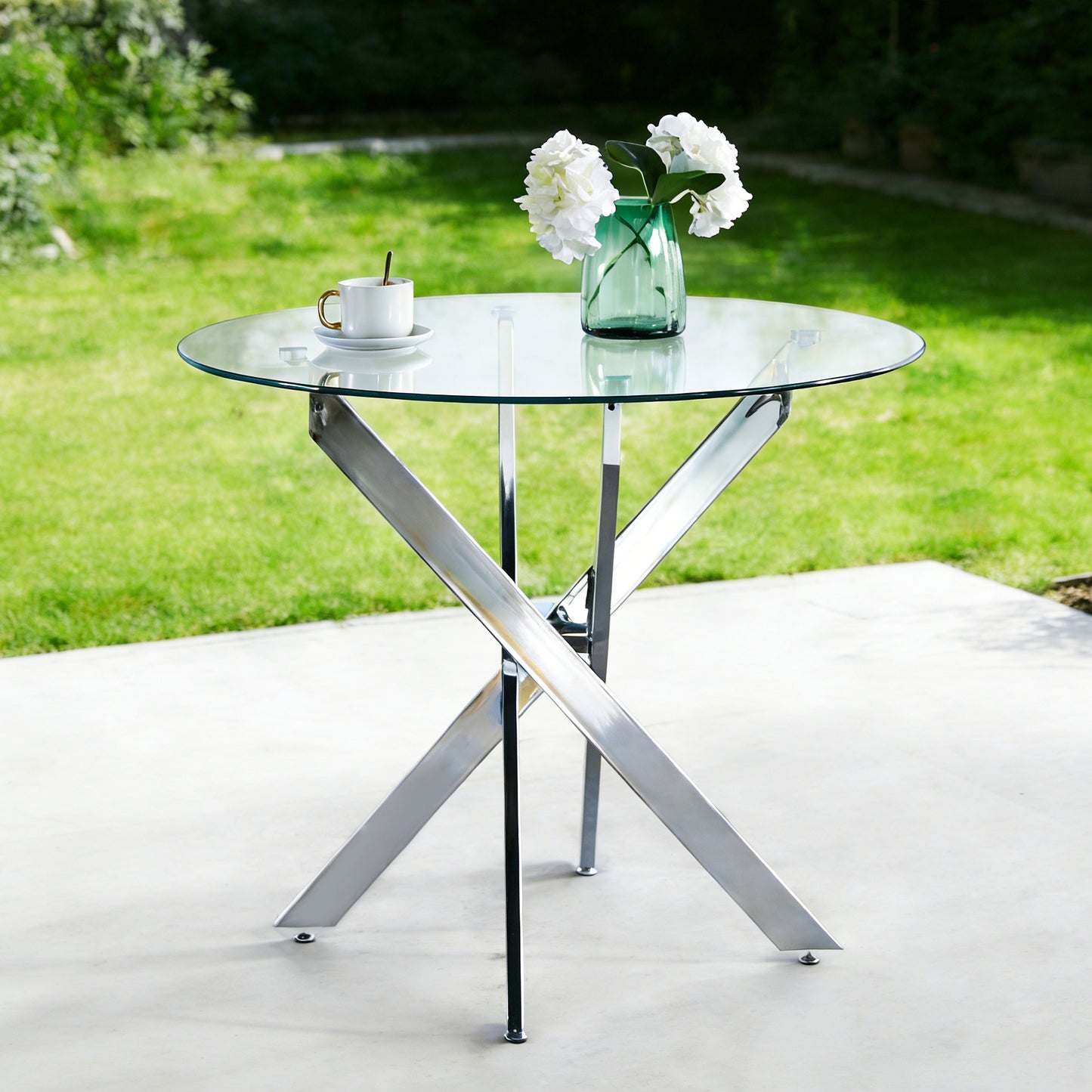 Dining Table with cross metal leg and tempered glass,Modern Space Saving Kitchen Table for Living Room,chrome legs image 1