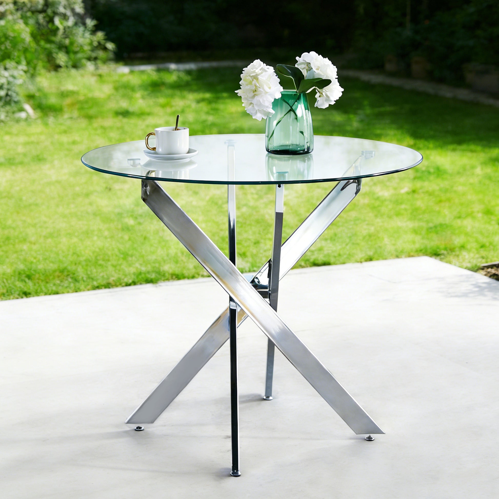Dining Table with cross metal leg and tempered glass,Modern Space Saving Kitchen Table for Living Room,chrome legs image 1