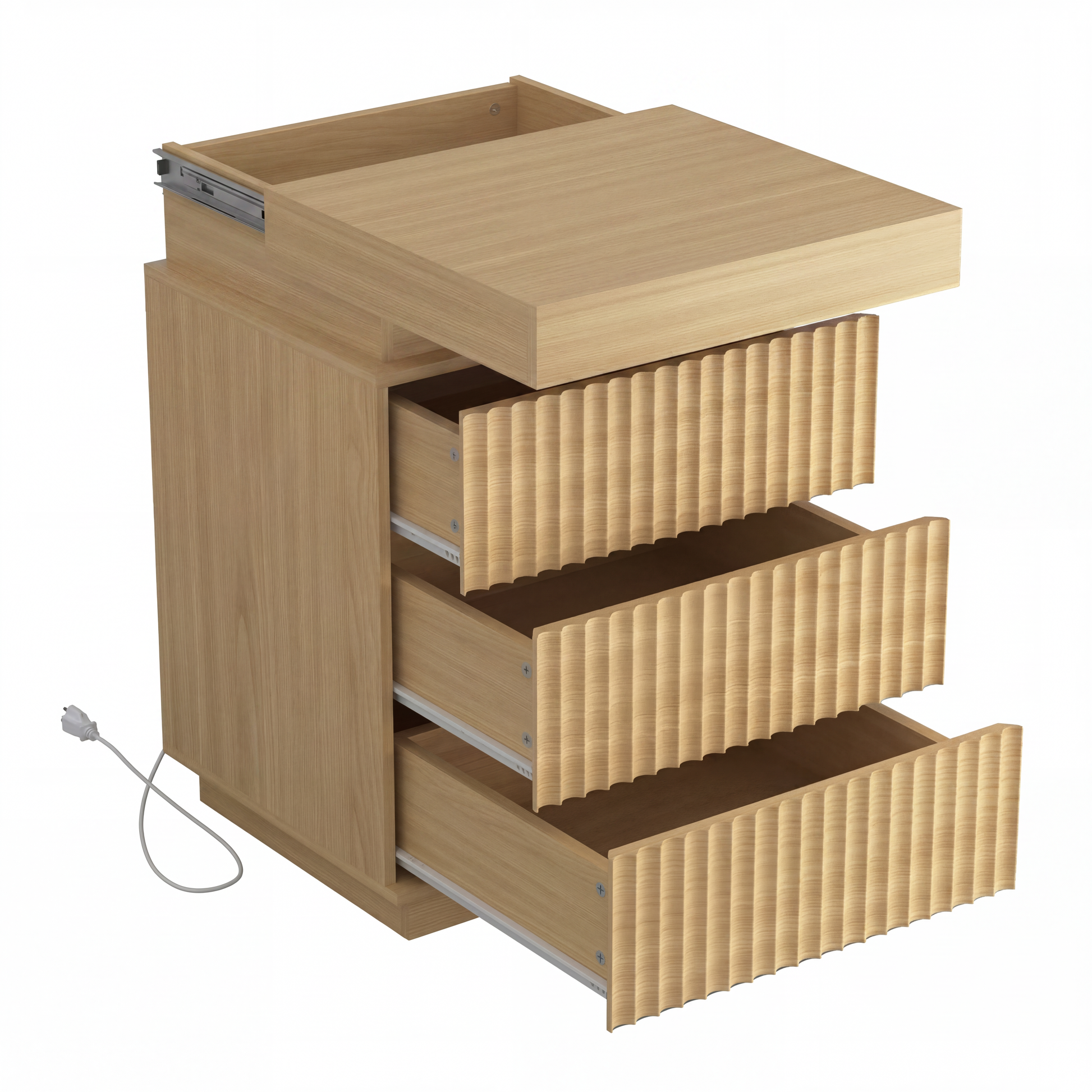 (Set of 2) Natural Nightstand Set of 2 with Charging Station & LED Lights, Fluted Wave Panel Bedside Table with Sliding Top Hidden Storage, Night Stand for Bedroom Living Room image 8