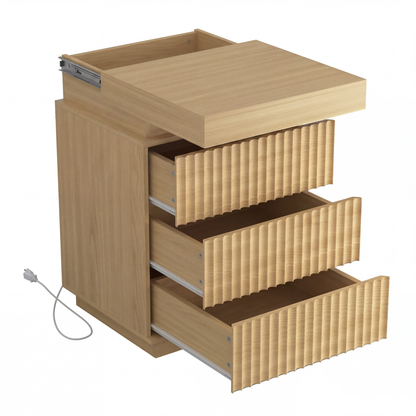 (Set of 2) Natural Nightstand Set of 2 with Charging Station & LED Lights, Fluted Wave Panel Bedside Table with Sliding Top Hidden Storage, Night Stand for Bedroom Living Room image 8