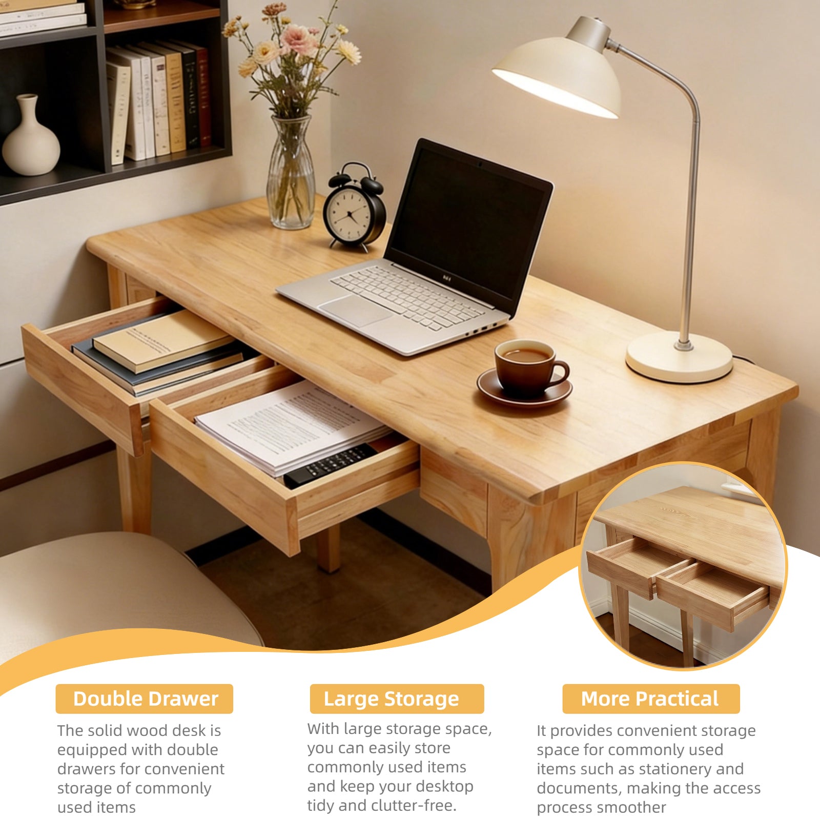 Solid Wood Desk with Drawers, Standing Desk with Smooth Edges, Home Office Desk for Small Spaces, Mid Century Modern Desk for Study, Bedroom, Living Room, Office, (Natural Wood Color) image 9