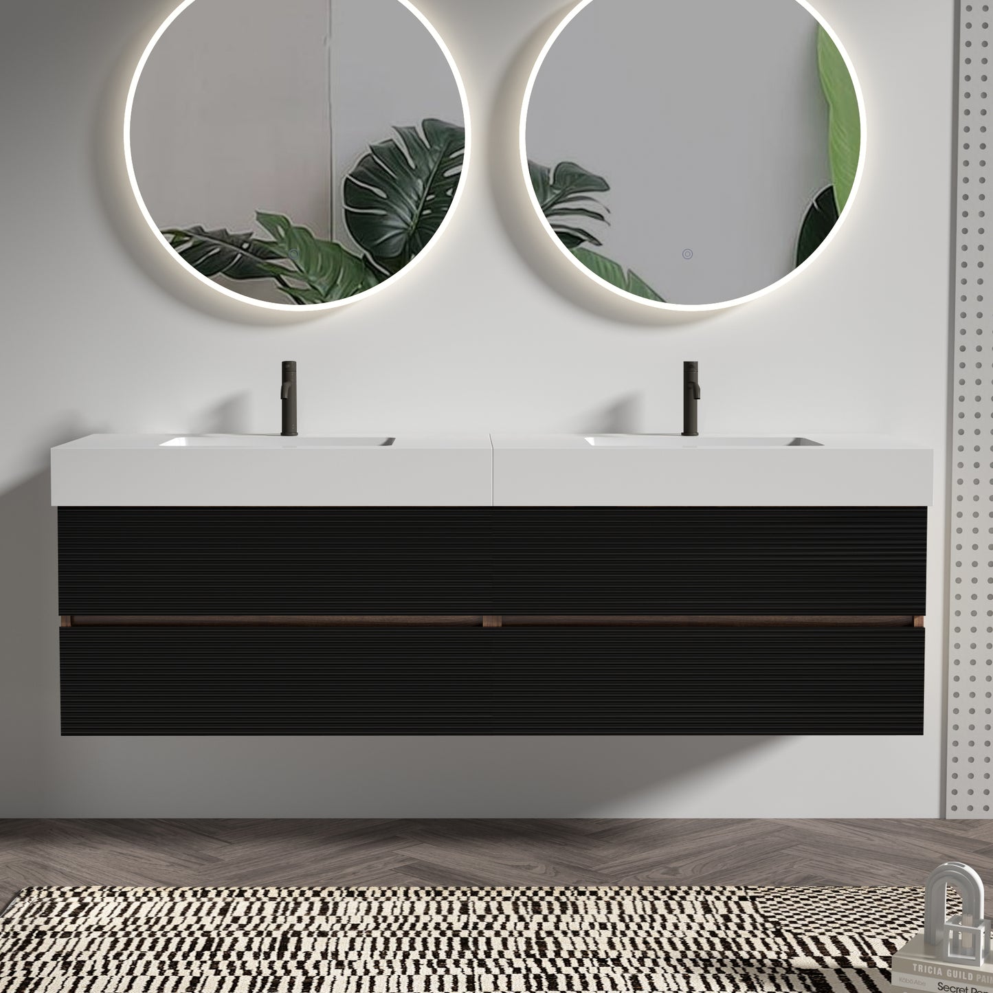 Grace 72''(36Inch*2) Bathroom Vanity with Matt Black Engineered Quartz Sink and Soft Black Drawers, Wall Mounted Floating Bathroom Vanity, One-Piece Glossy White Basin, KD image 1