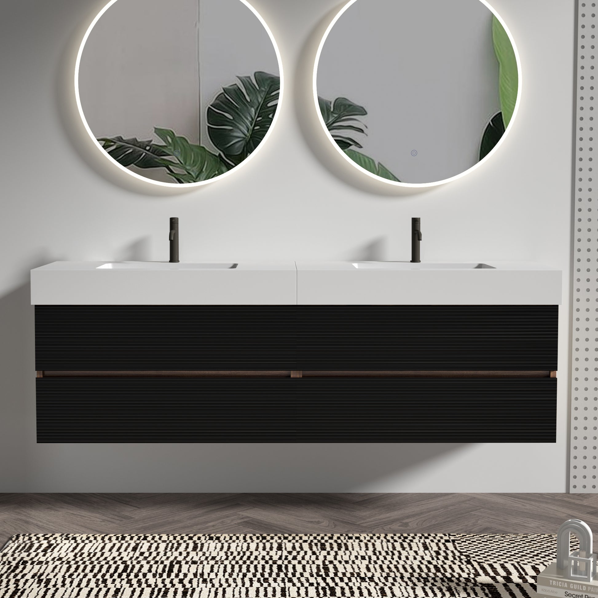 Grace 72''(36Inch*2) Bathroom Vanity with Matt Black Engineered Quartz Sink and Soft Black Drawers, Wall Mounted Floating Bathroom Vanity, One-Piece Glossy White Basin, KD image 1