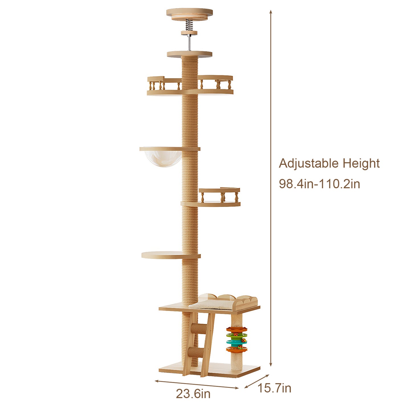 Adjustable Height Floor-to-Ceiling Cat Tree Made of MDF Board, Tall Cat Tower with Sisal Scratching Post, Bubble Window Perch, Ladder & Rotatable Toy Balls for Indoor Cats image 8