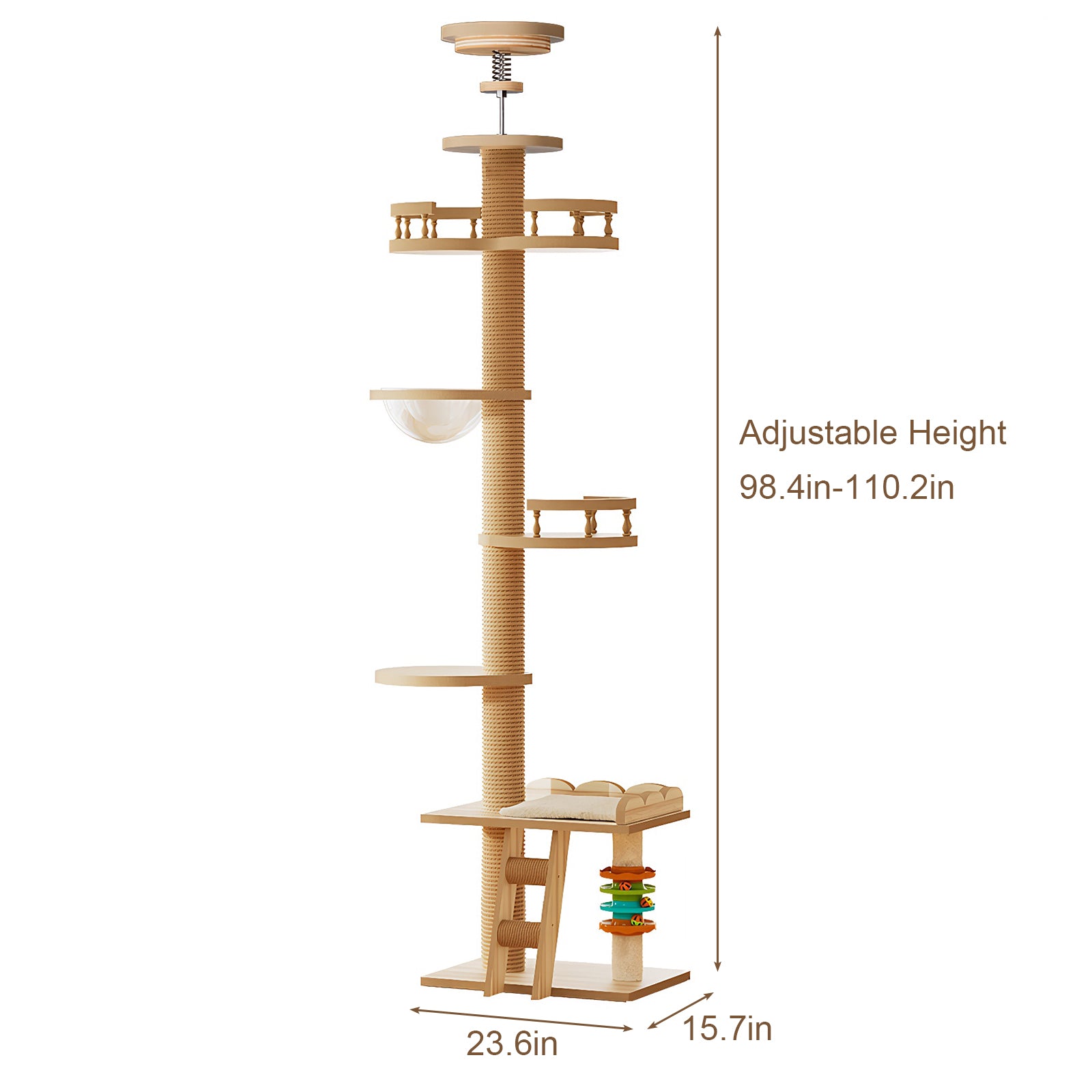 Adjustable Height Floor-to-Ceiling Cat Tree Made of MDF Board, Tall Cat Tower with Sisal Scratching Post, Bubble Window Perch, Ladder & Rotatable Toy Balls for Indoor Cats image 8