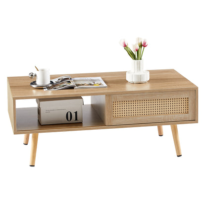 41.34" Rattan Coffee table, sliding door for storage, solid wood legs, Modern table for living room, natural image 7