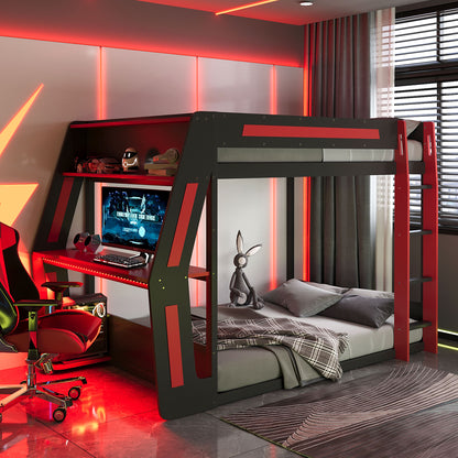 Full-Size Gaming Bunk Bed with Side-Mounted Oversized RGB Desk, USB Charging Ports & Cable Grommet, LED Light Strip, Heavy-Duty Esports Loft Frame – Cool Design-Red image 1