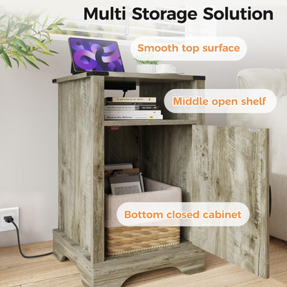 Farmhouse End Table with Charging Station Wooden Rustic Nightstands with Storage Cabinet and Shelf for Bedroom, Living Room, Living Room, Warm Grey image 3