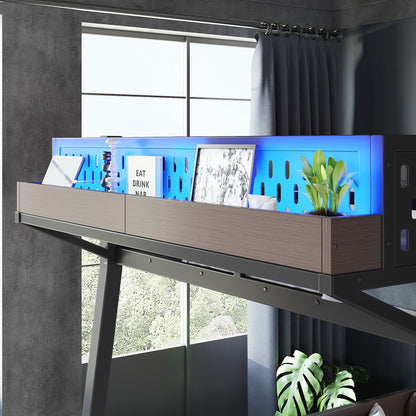 Full Bunk Bed with Storage Shelves,Twin Size Metal Bunk Bed Frame with LED Light and USB Ports For Kids,Teens.Black image 7