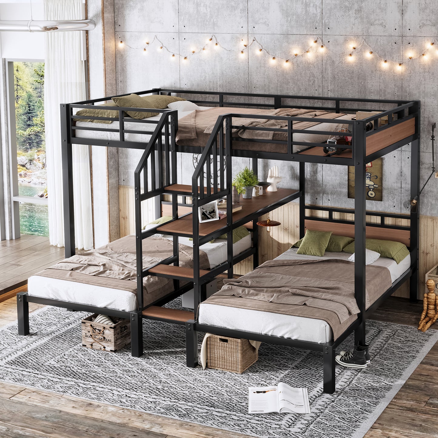 Full over Twin over Twin(Full XL over Twin over Twin) Metal Bunk Bed,triple metal bunk bed with Storage shelves and storage stairs,Black image 1