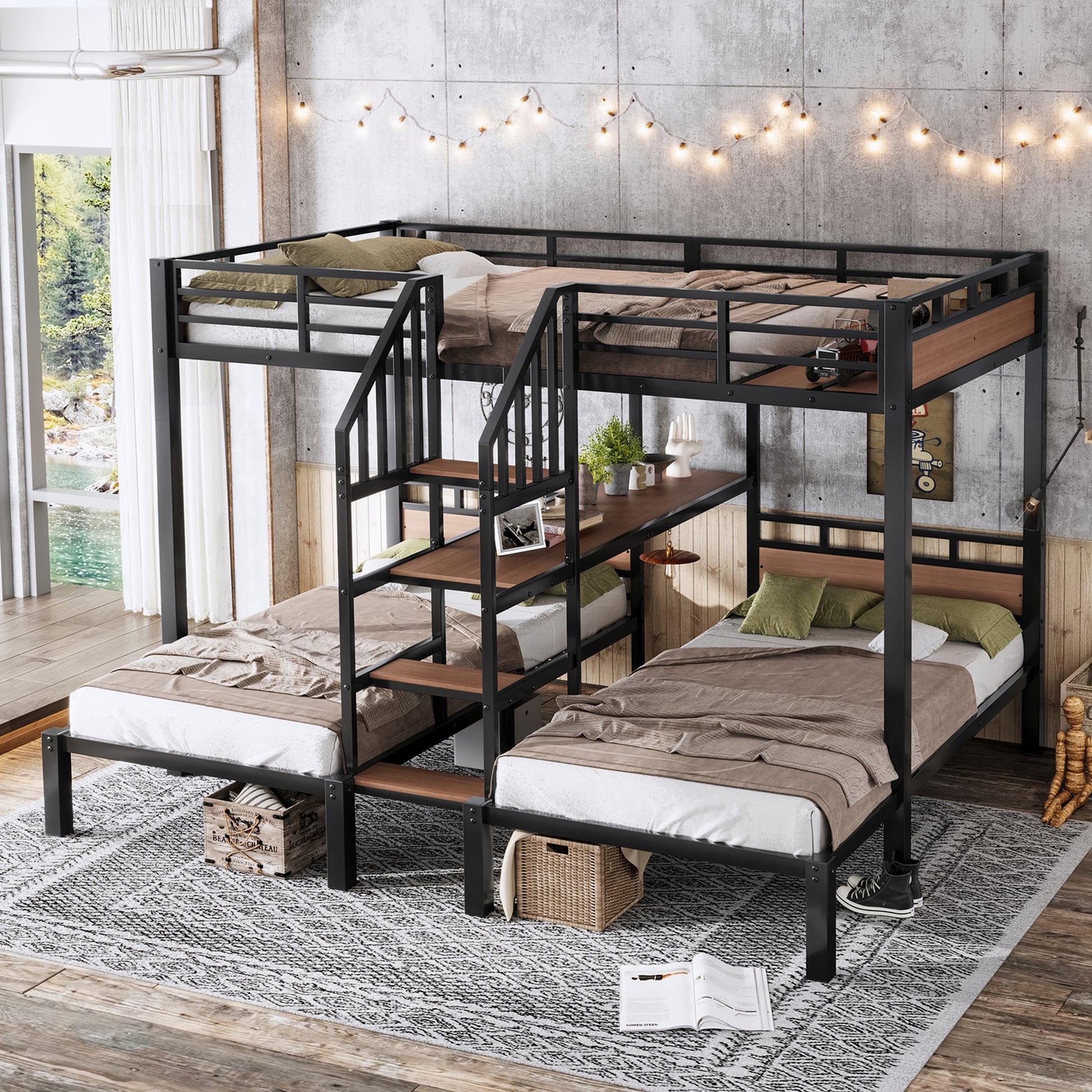 Full over Twin over Twin(Full XL over Twin over Twin) Metal Bunk Bed,triple metal bunk bed with Storage shelves and storage stairs,Black image 1